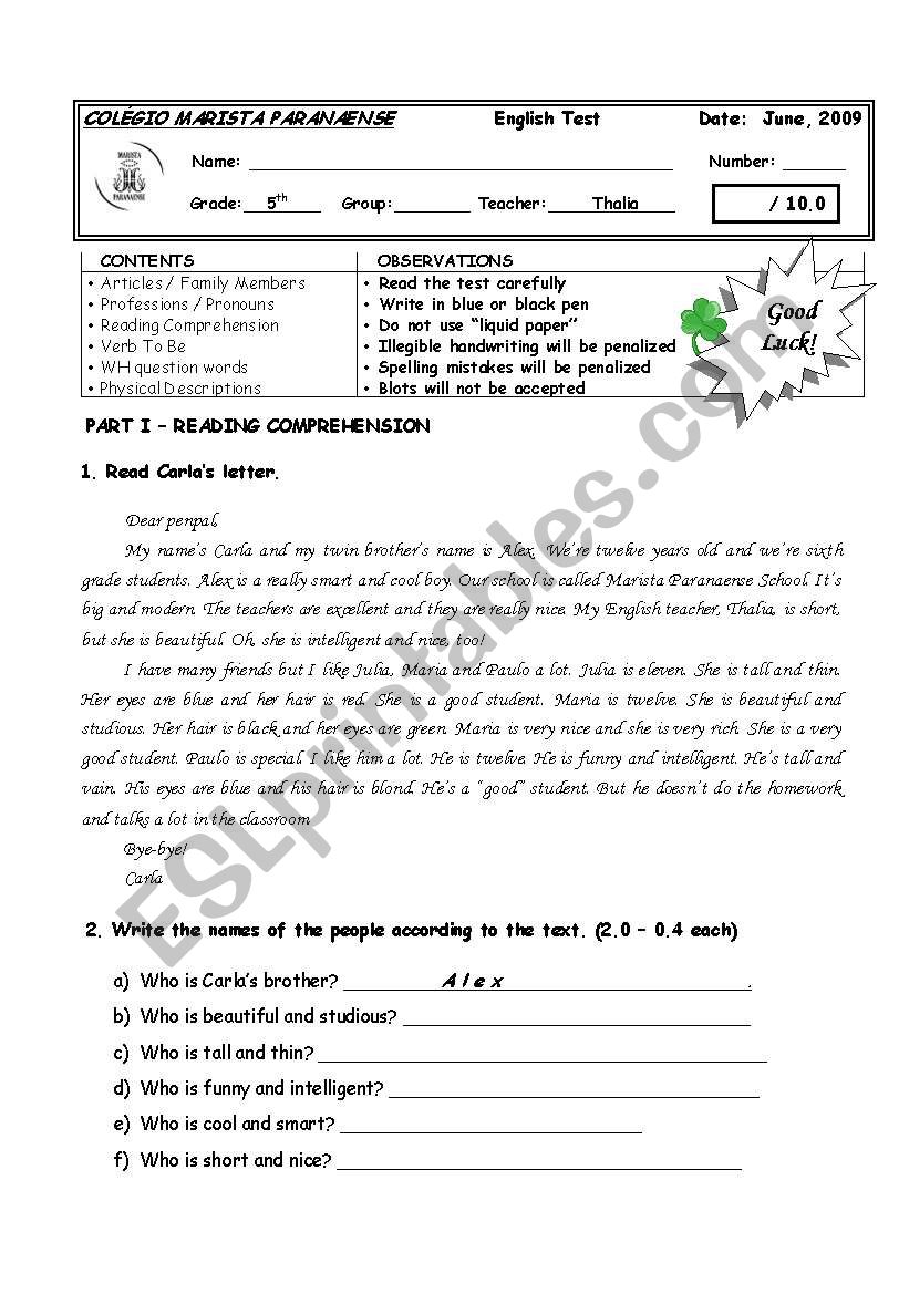 5th GRADE TEST II - FOUR PAGES WITH A GREAT VARIETY OF QUESTIONS