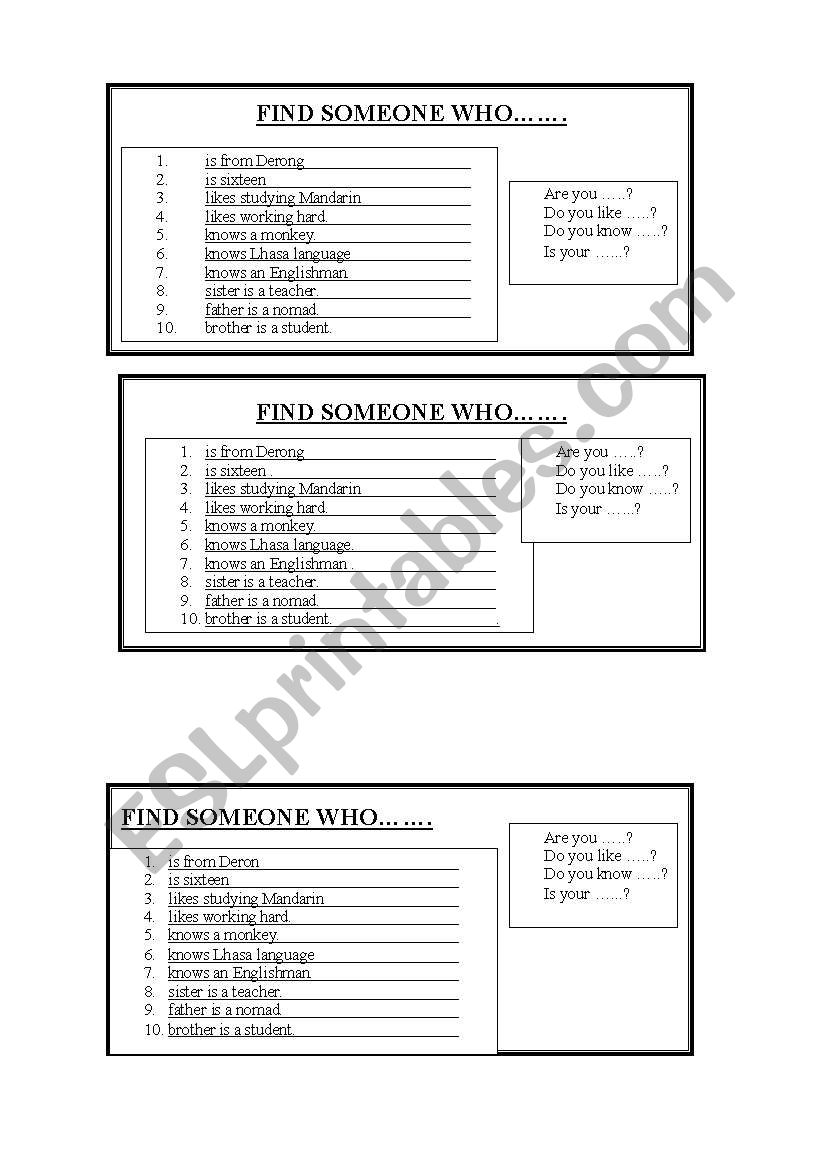 Find Someone who worksheet