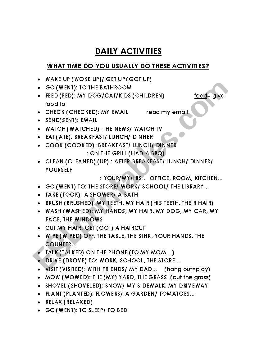 daily activies worksheet