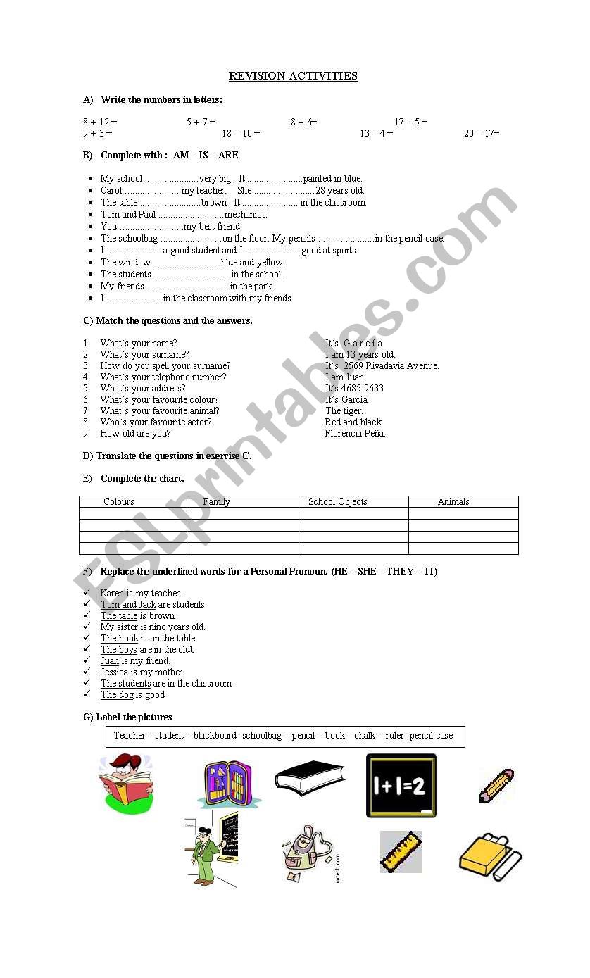 Revision activities worksheet