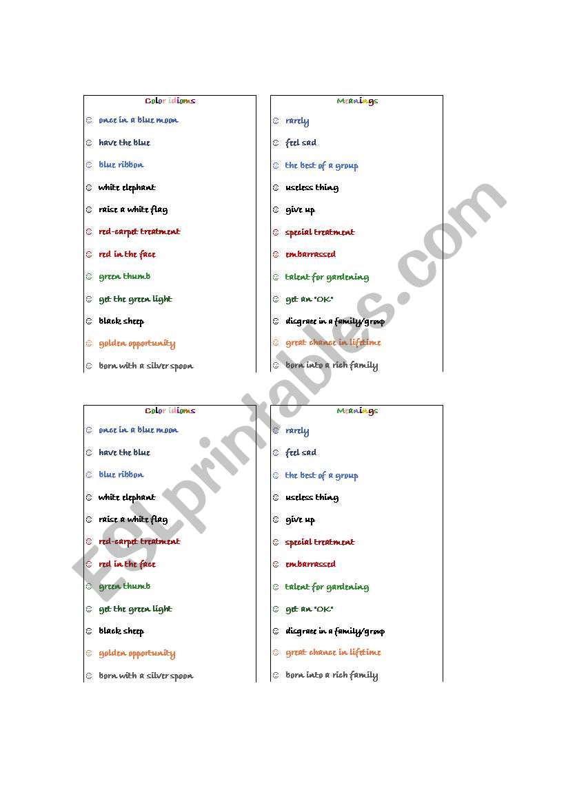 color idioms (culture) worksheet