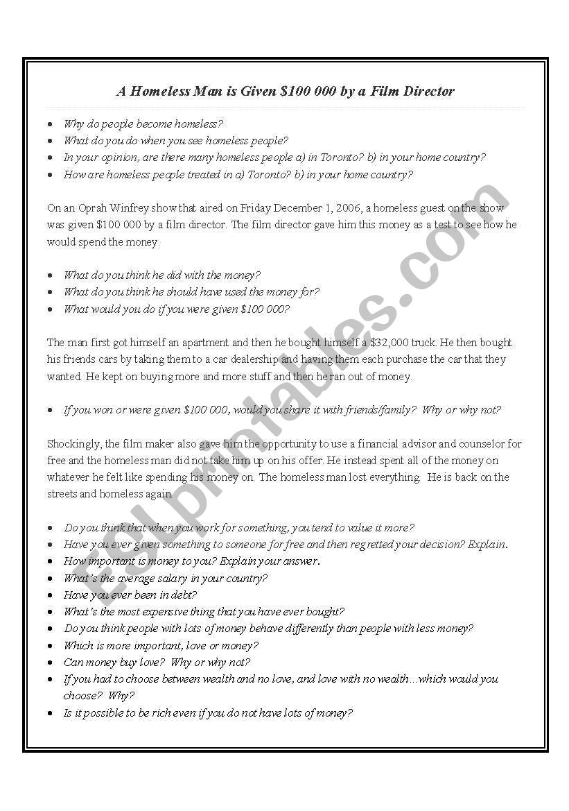 Homelessness and Money worksheet