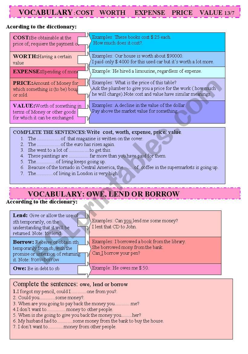 COST VALUE PRICE WORTH worksheet