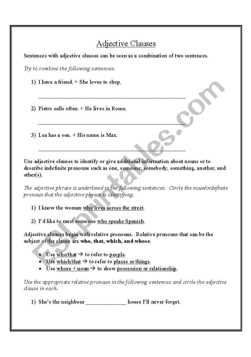 Adjective (Relative) Clauses worksheet