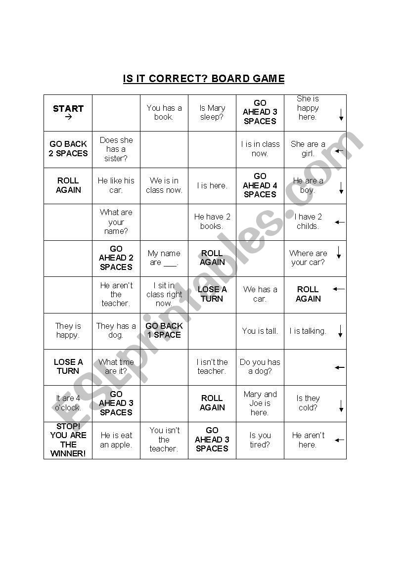 Is It Correct? board game (simple present tense review)