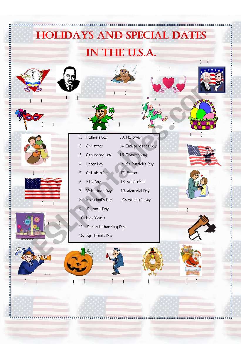 Holidays and Special Dates in the USA - 2 (Matching Activity)