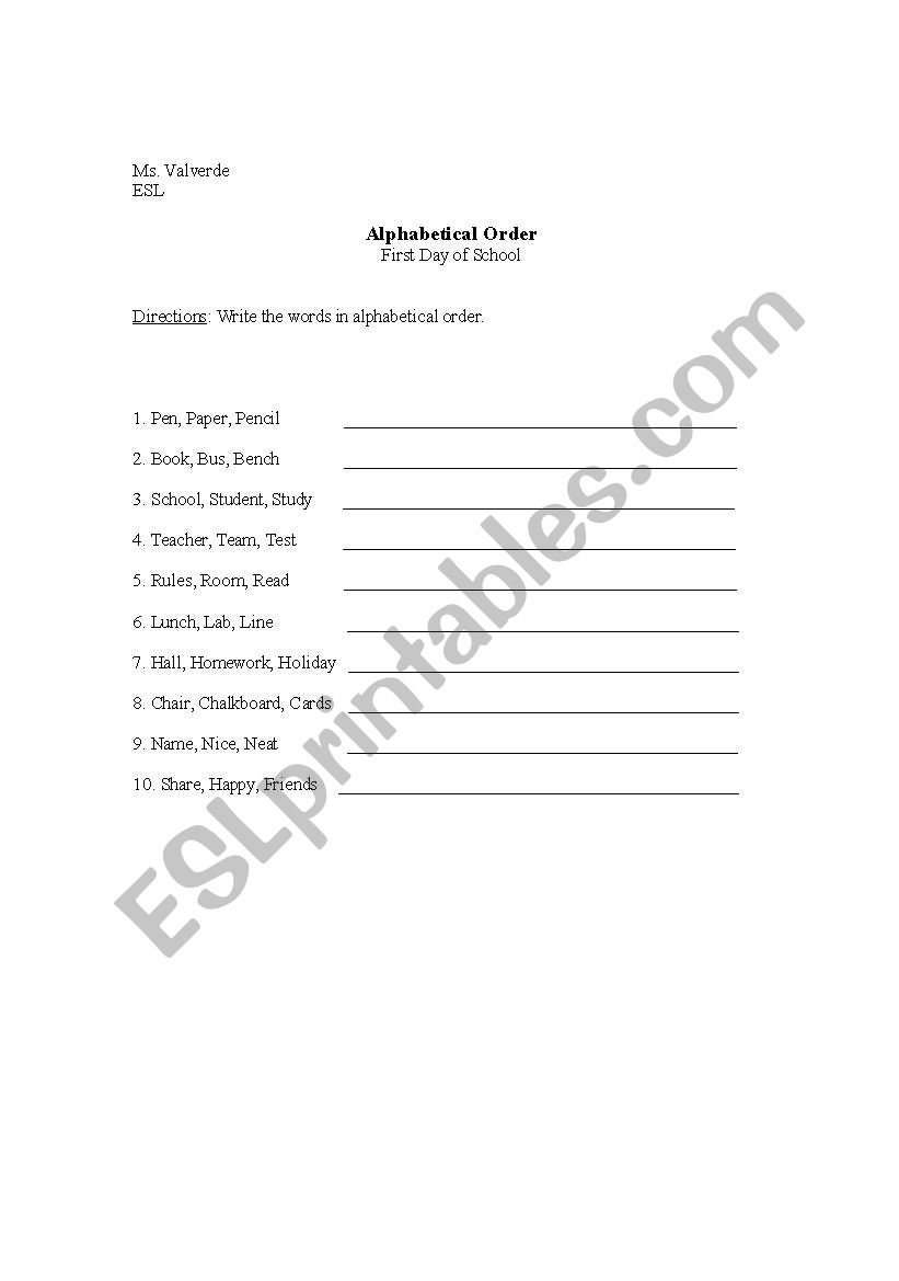First Day of School worksheet alphabetical order