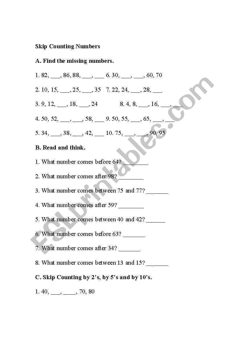 Skip Counting Numbers worksheet