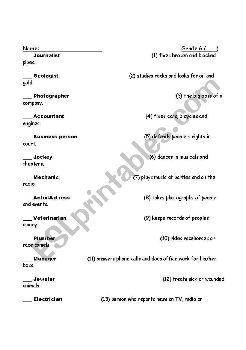 Match the Job Defenitions worksheet