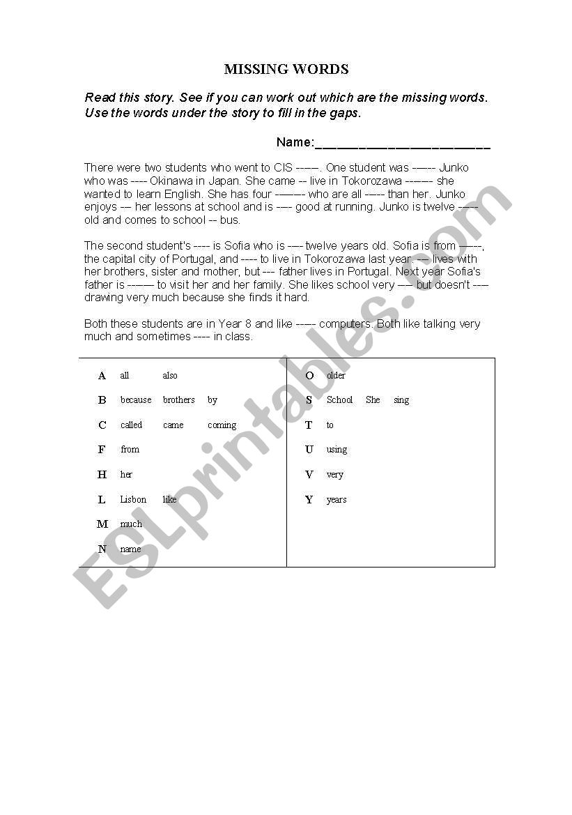 Missing Words worksheet