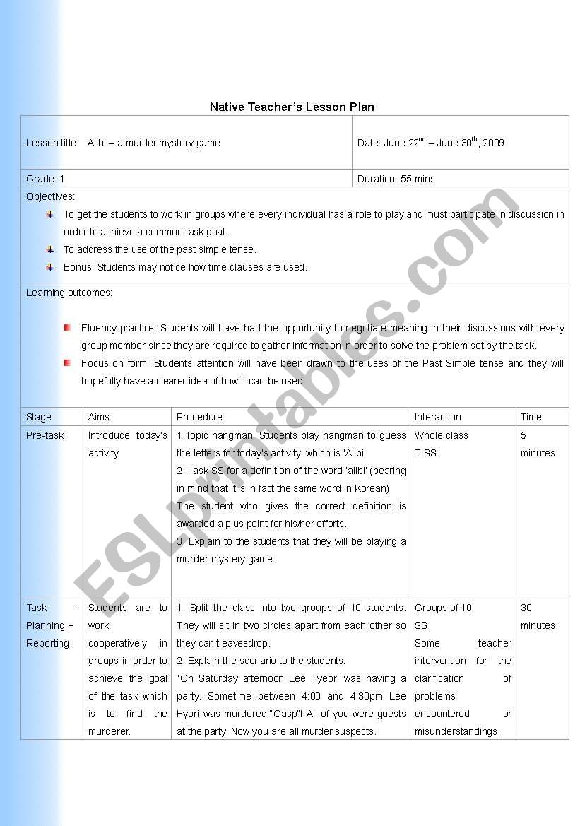 Alibi lesson plan with prints worksheet