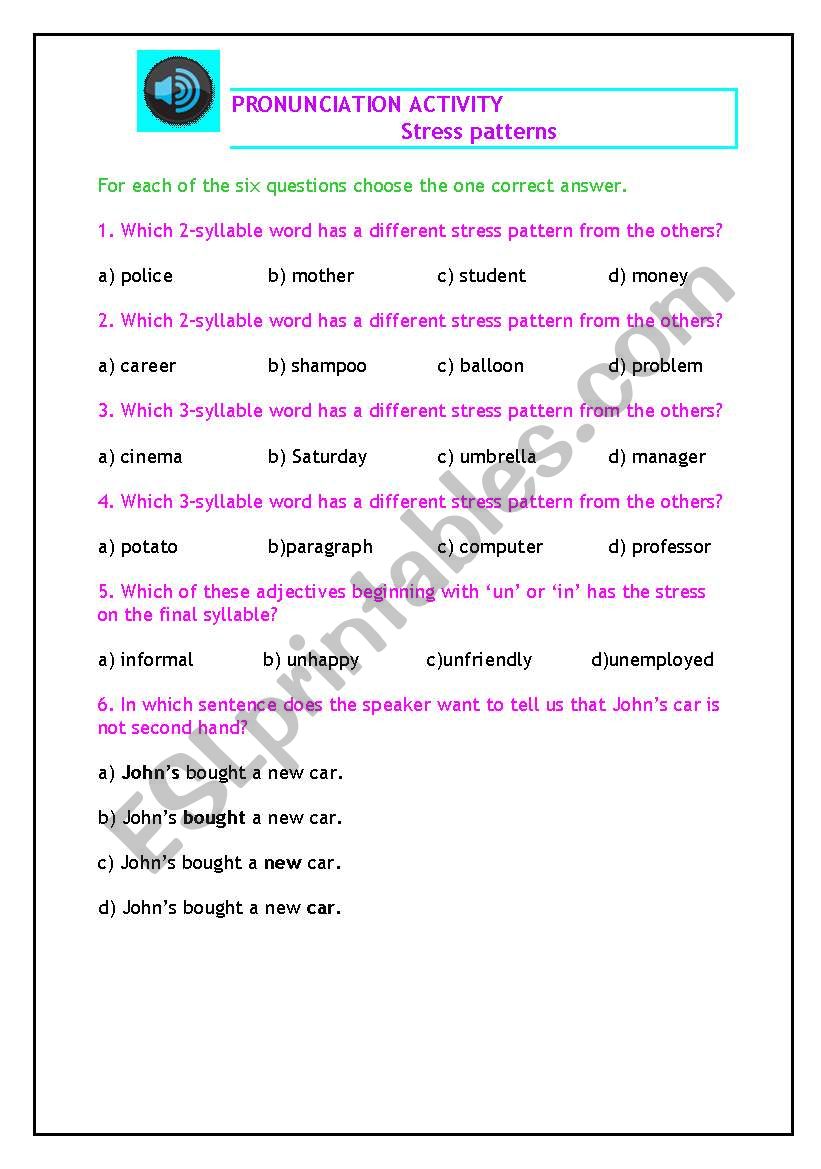 STRESS PATTERNS worksheet