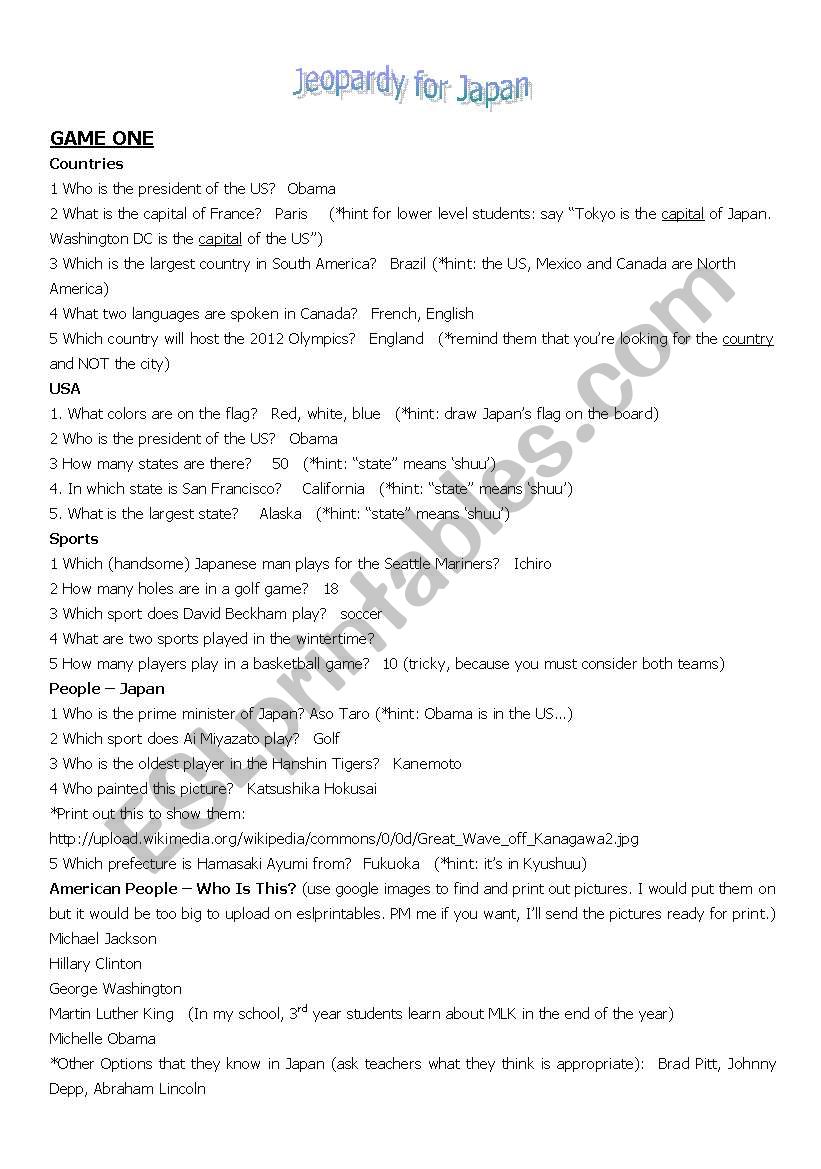 Jeopardy for Japan Students - Two games