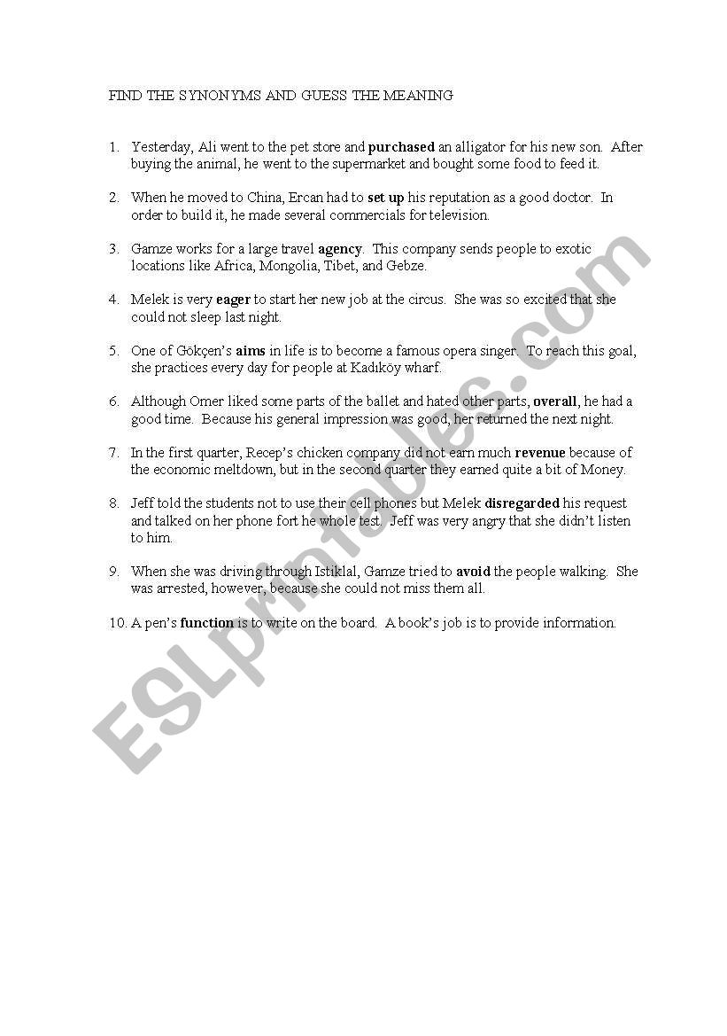 find the synonym worksheet