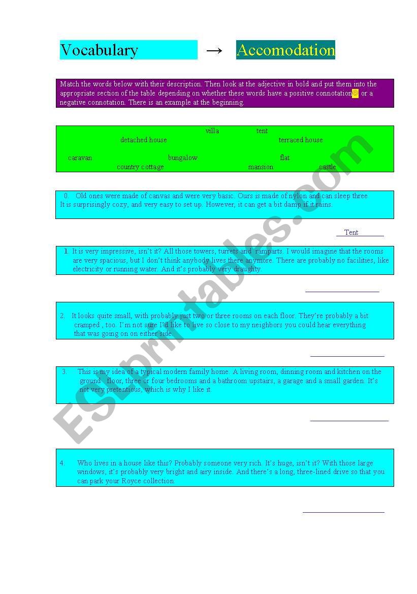 Vocabulary-accommodation  worksheet