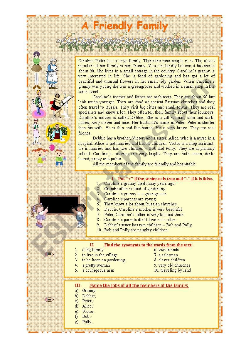 Reading. A Friendly Family. worksheet