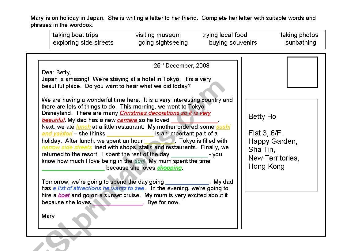 Postcard writing worksheet