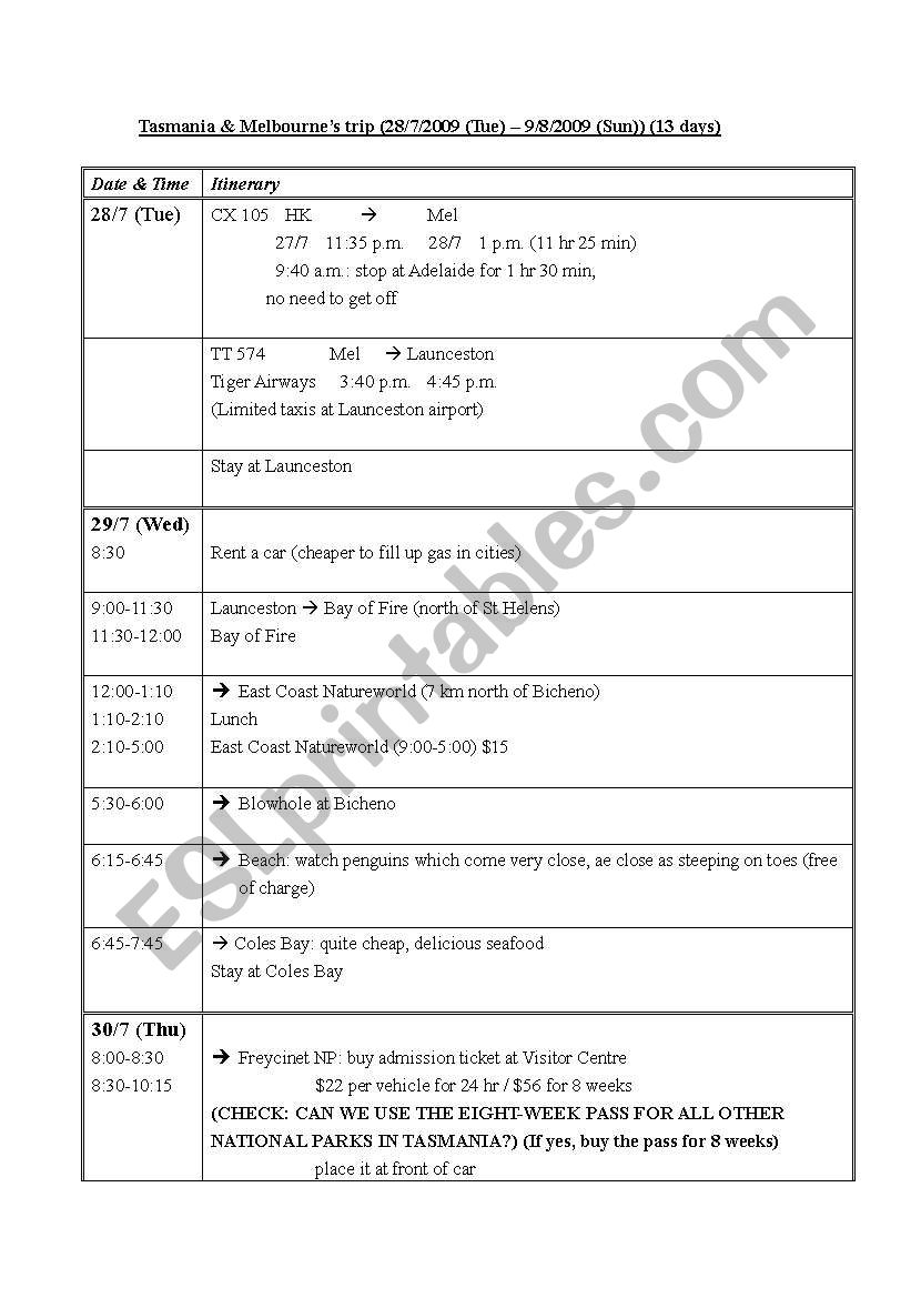 Travel worksheet