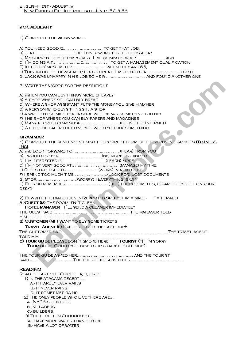 Test Intermediate worksheet
