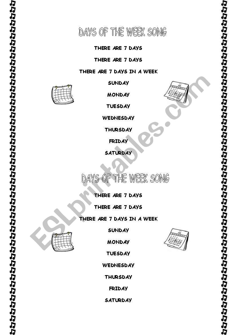 Days of the week song worksheet