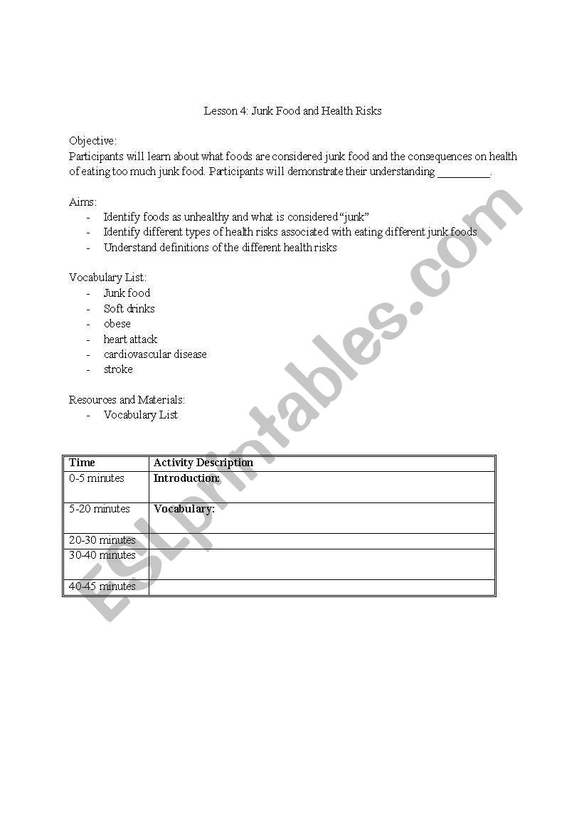 Lesson Template for Junk Food and Food Safety