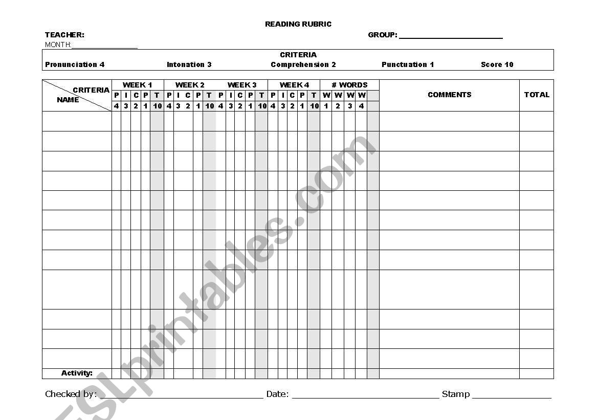 READING RUBRIC worksheet