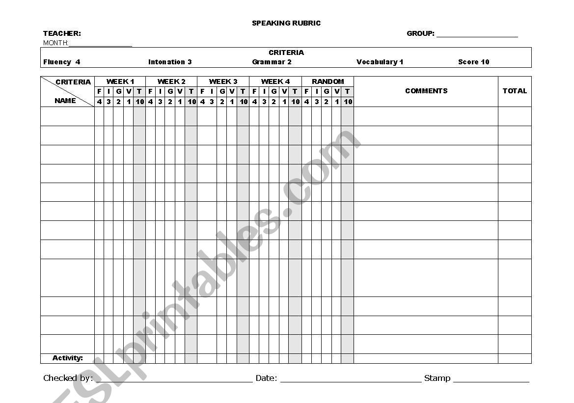 SPEAKING RUBRIC worksheet