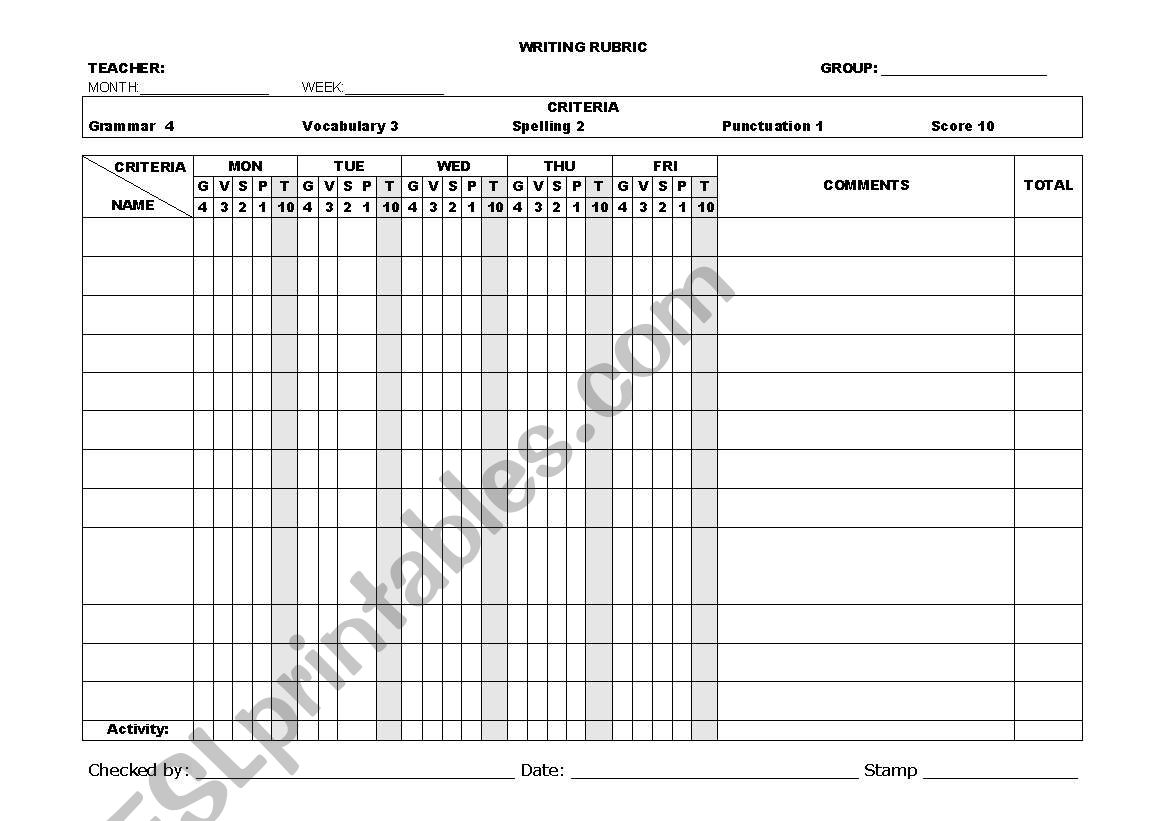 WRITING RUBRIC worksheet