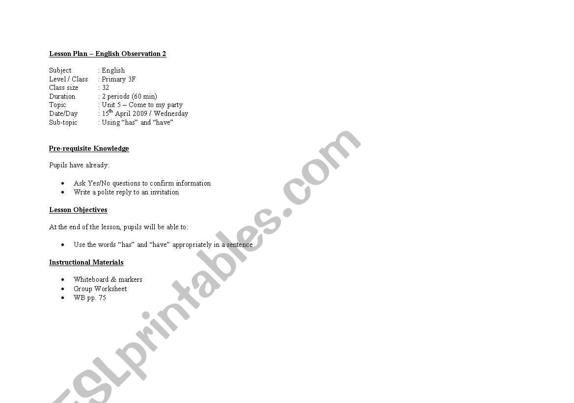 Has and Have worksheet