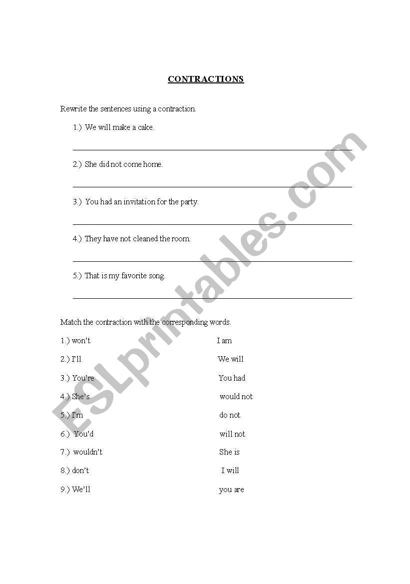 contractions worksheet