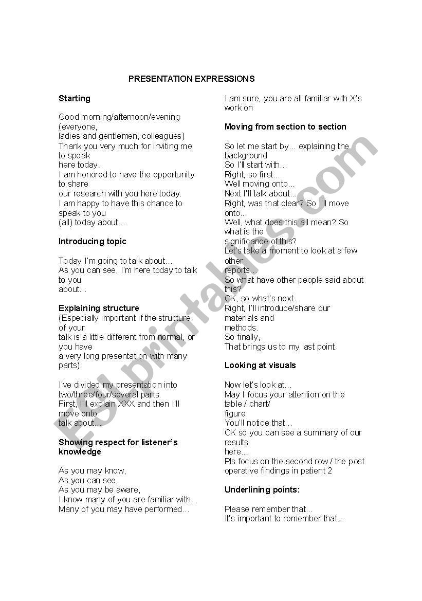 PRESENTATION EXPRESSIONS worksheet