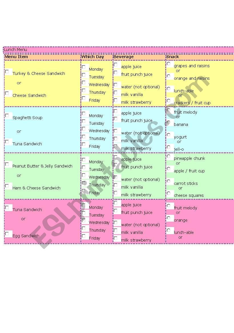 lUNCH mENU worksheet