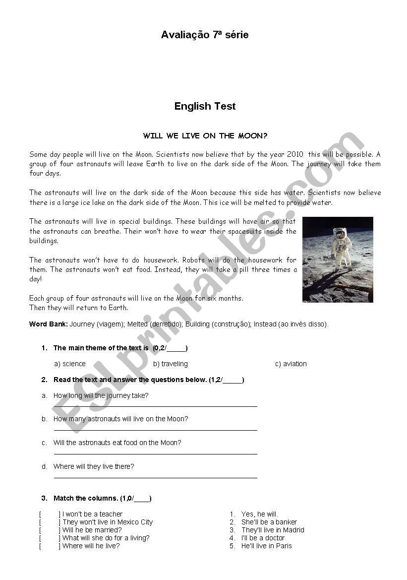 Test 7th grade Simple Future worksheet