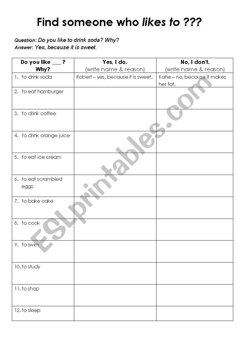 Who likes what? worksheet