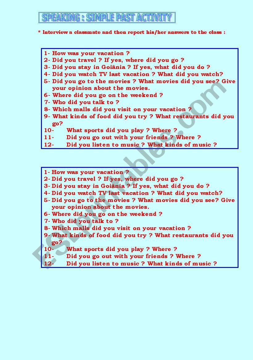 SIMPLE PAST INTERVIEW worksheet