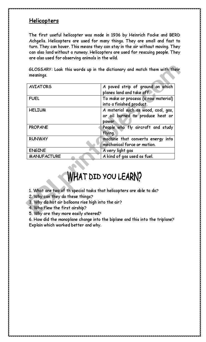 Flying machines page 3 worksheet