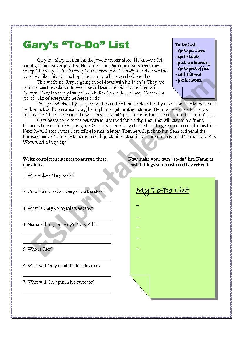 Garys To-Do List worksheet