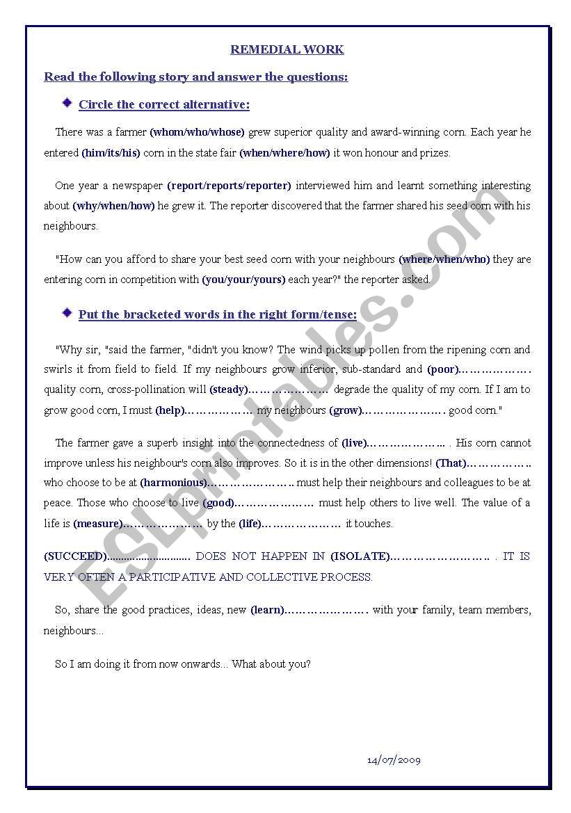 Remedial Work worksheet