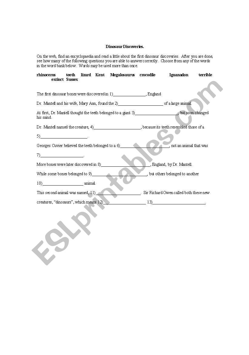 Dinosaur Discoveries worksheet