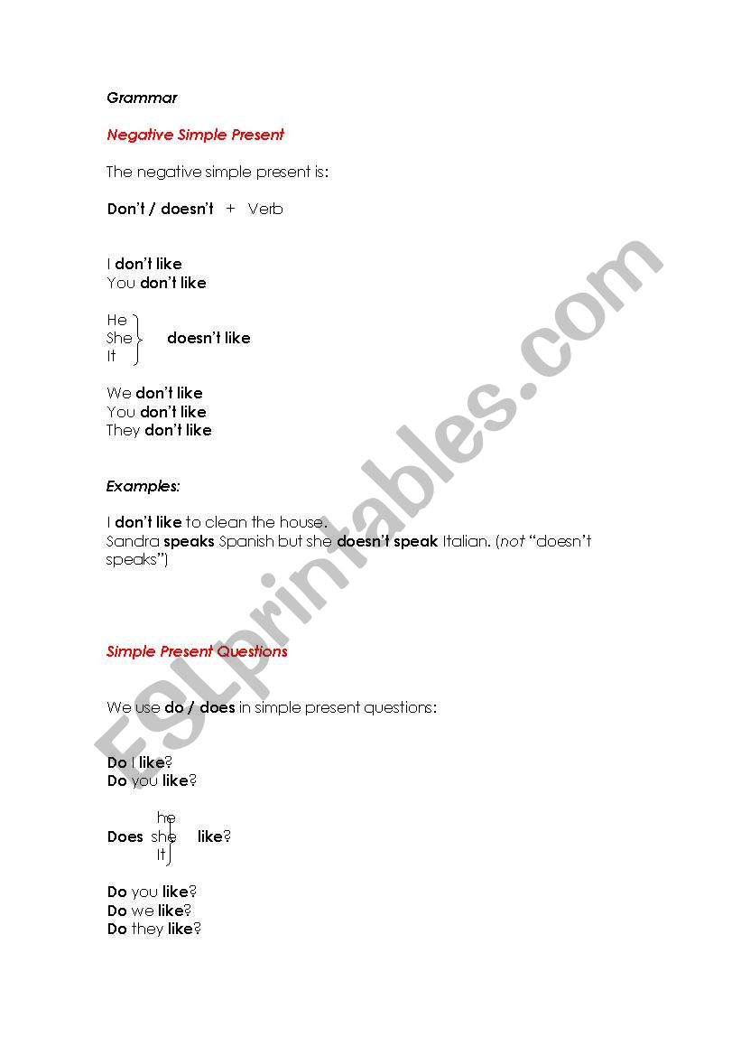 Simple Present - Negtive Sentences and Questions