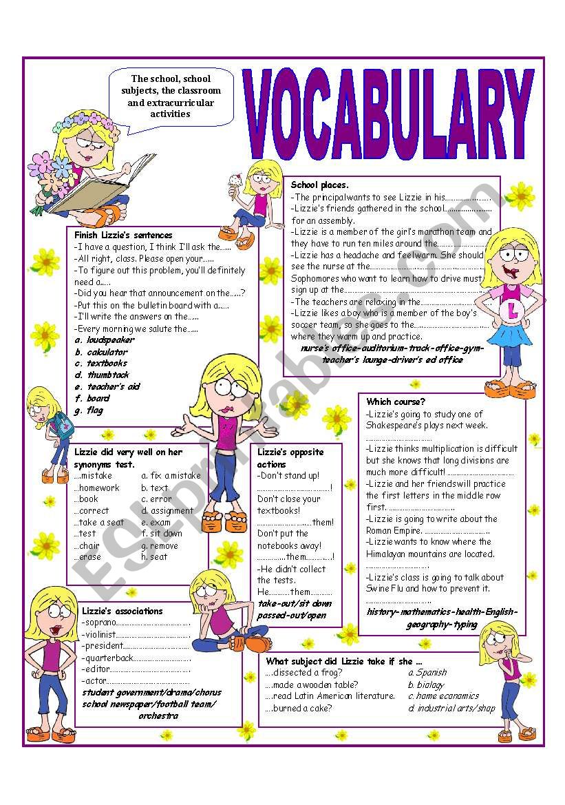 RECYCLING VOCABULARY - TOPIC: THE SCHOOL - THE CLASSROOM - SCHOOL SUBJECTS AND EXTRA CURRICULAR ACTIVITIES - Elementary & up.