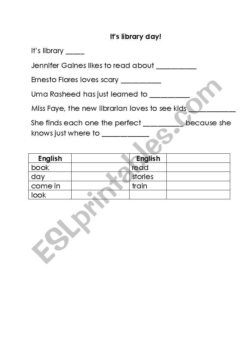 Its Library day worksheet