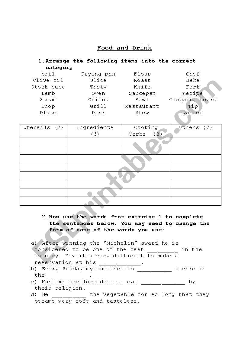 Food And Drink worksheet