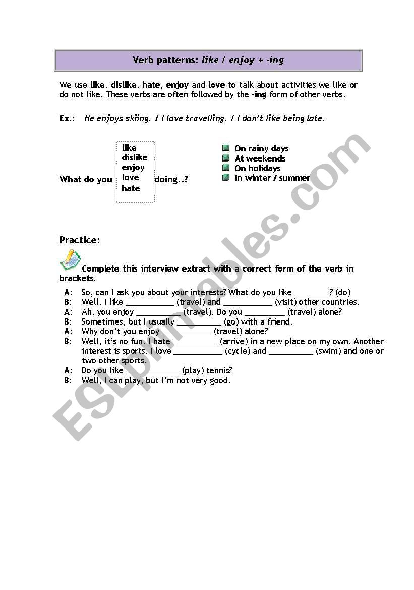 like/enjoy + ING worksheet