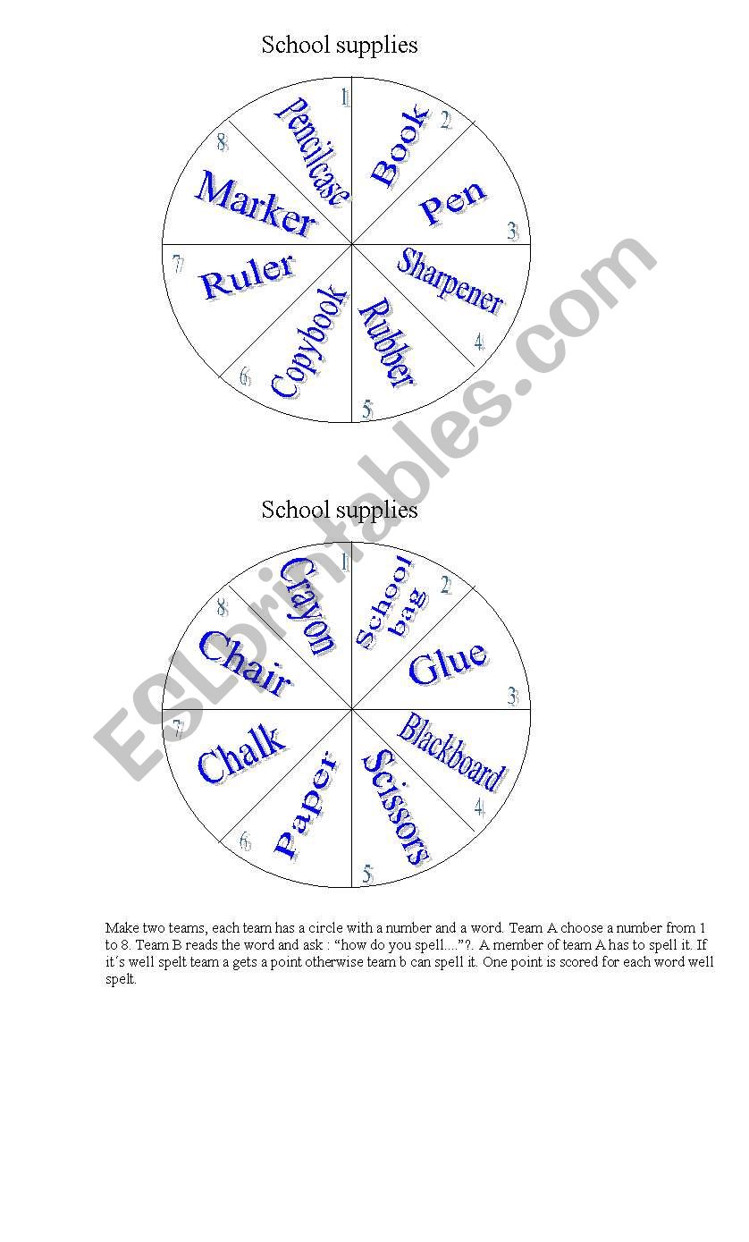 School Supplies pizza game worksheet