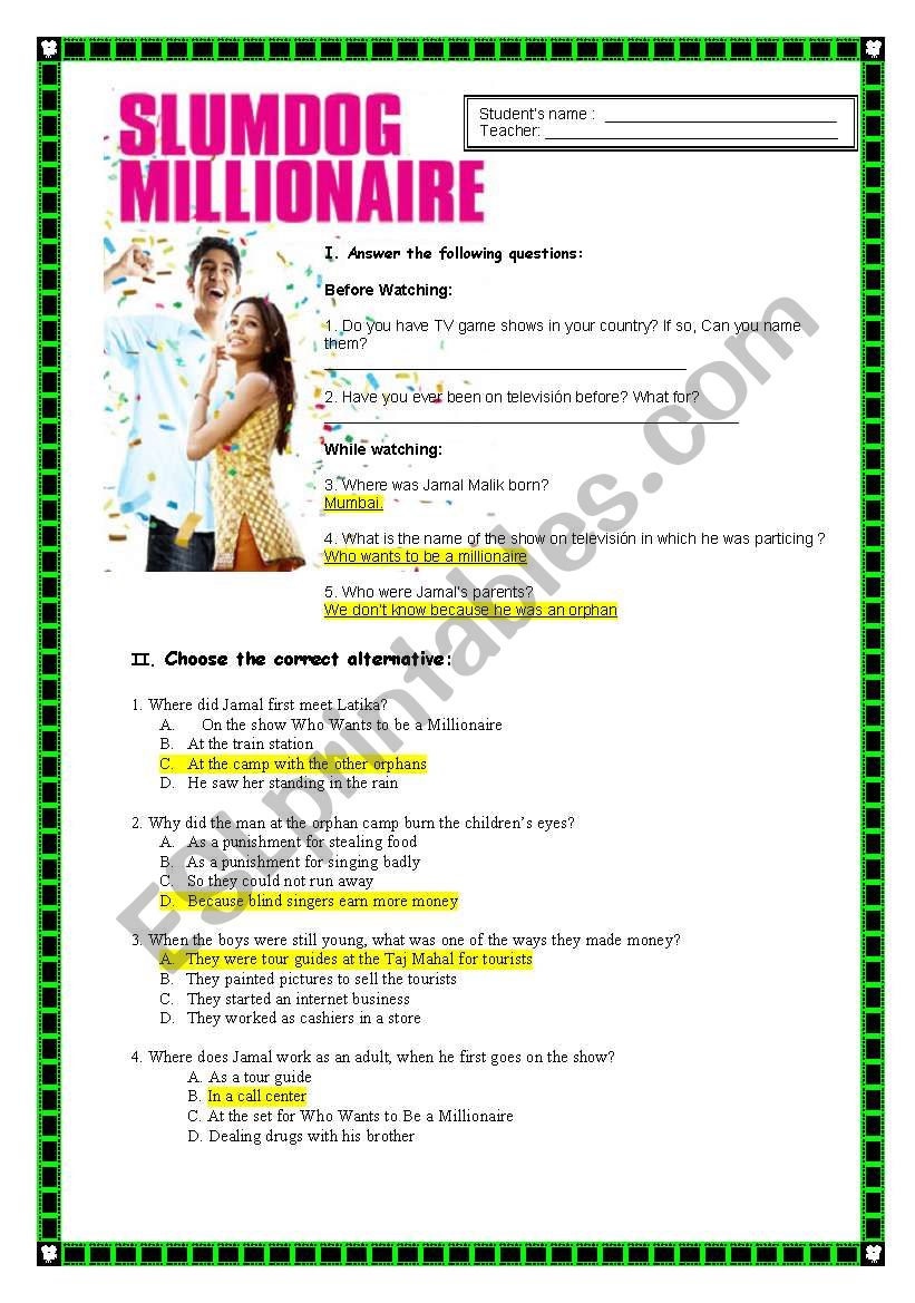 Slumdog millionaire ANSWER KEY