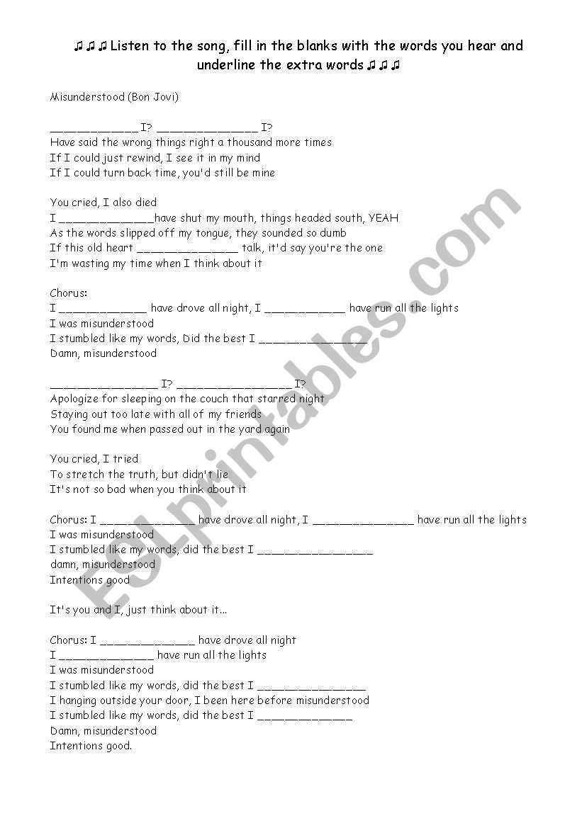 Misunderstood - Bon Jovi worksheet