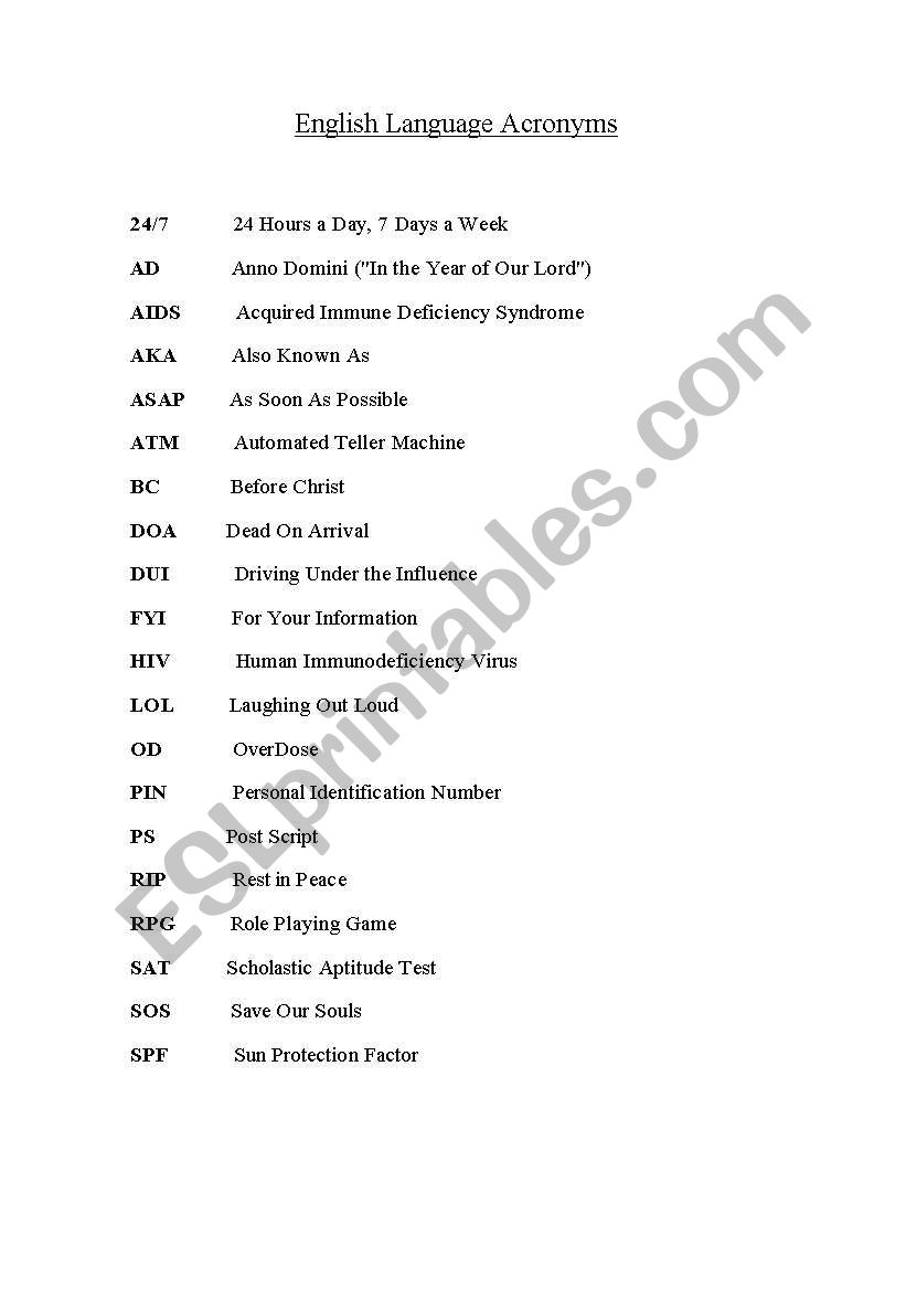 List of Common Acronyms  worksheet