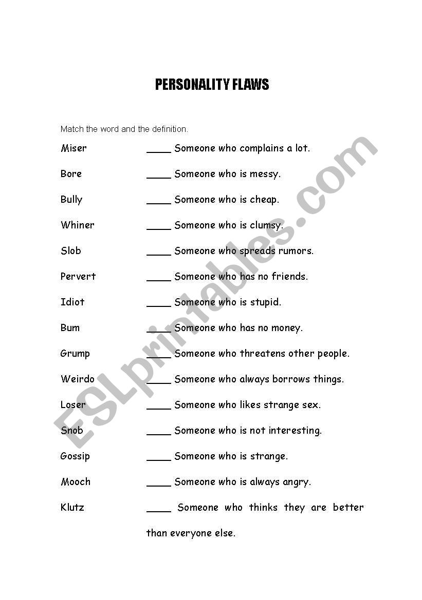 PERSONALITY FLAWS worksheet