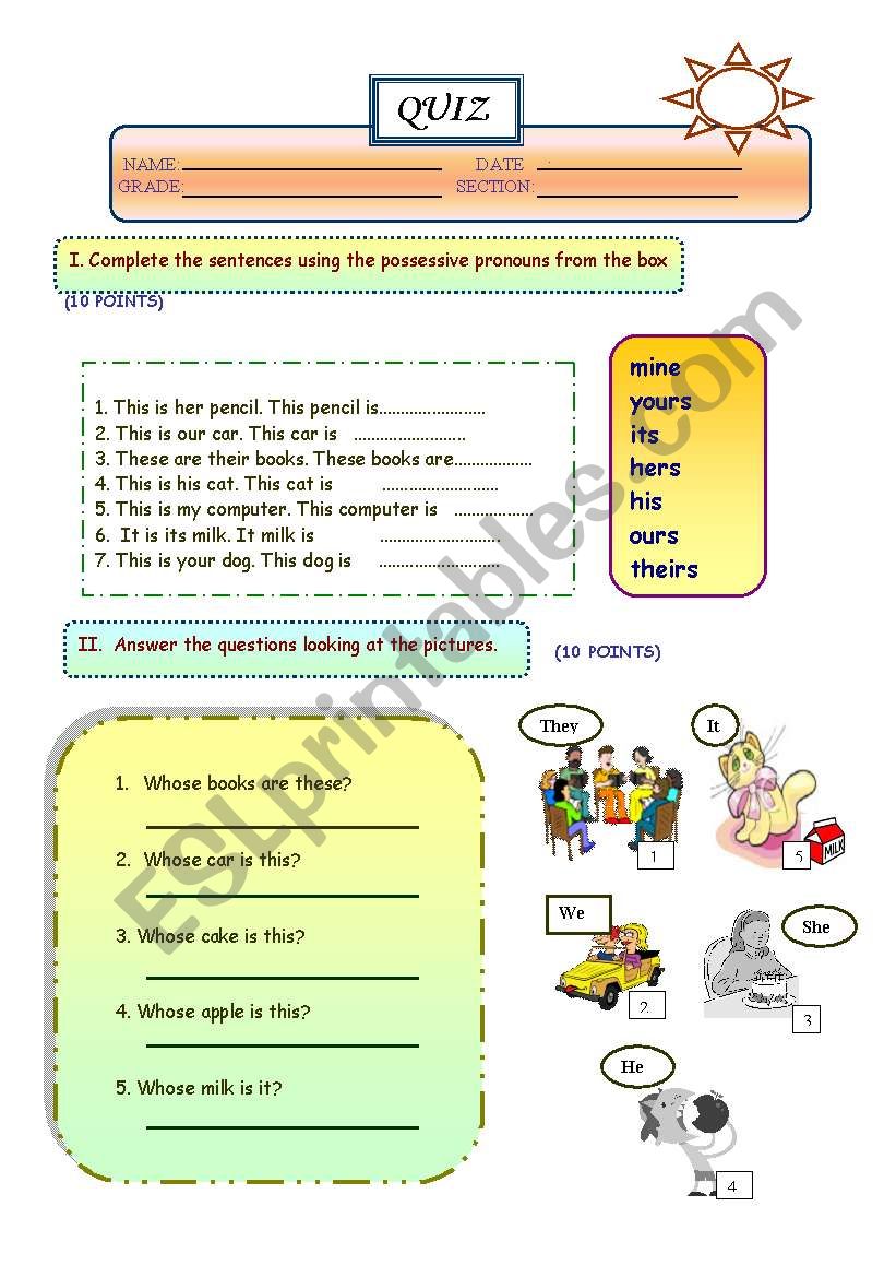 possesive pronouns worksheet